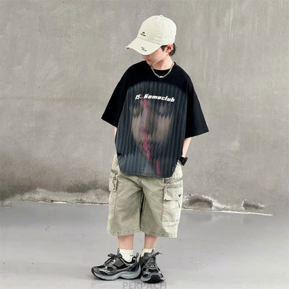 Korean Children Fashion Summer Clothes for Boy Streetwear Outfit Suit T-shirt Shorts Clothing Set Kids Street Top And Bottom Set