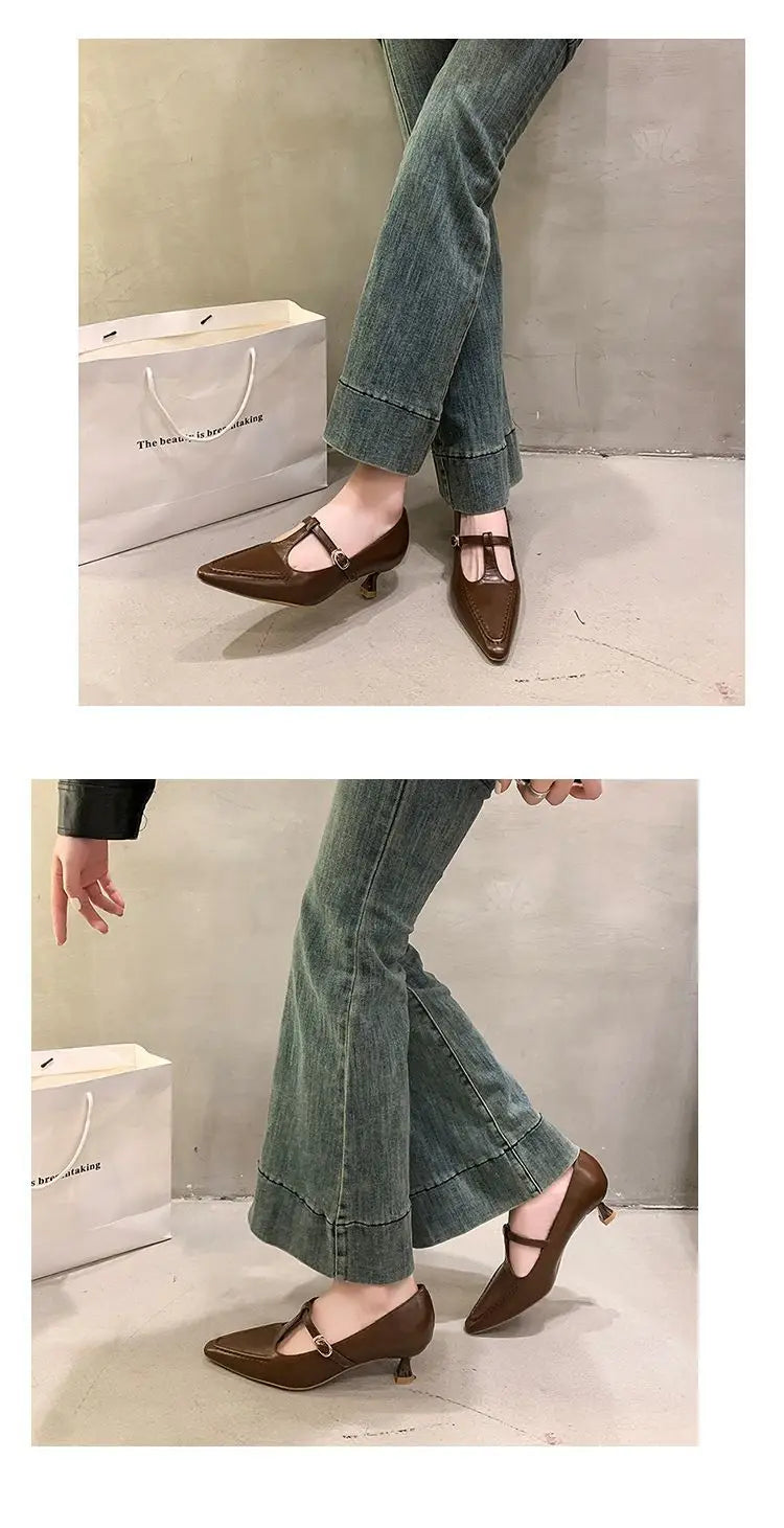 Women's Shoes Fashion Pointed Toe Buckle-heeled Single Shoes Retro Solid Color Medium Heels Casual Shallow Mouth Zapatos Mujer