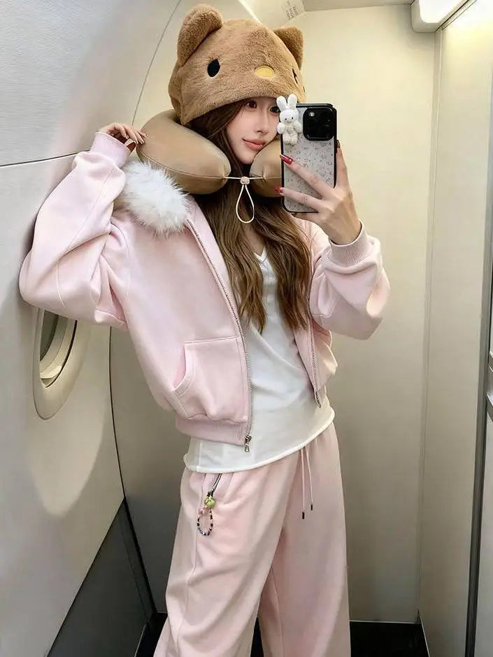 Pink Hooded Sweatshirt Set Women&