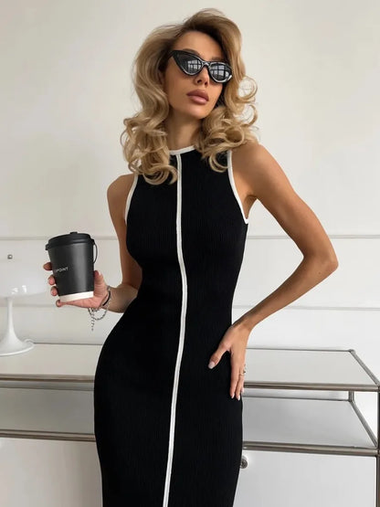 Women Ribbed Knit Midi Dress Sleeveless Bodycon Pencil Dress Elegant British High Street Daily Office Chic Slim Long Dress