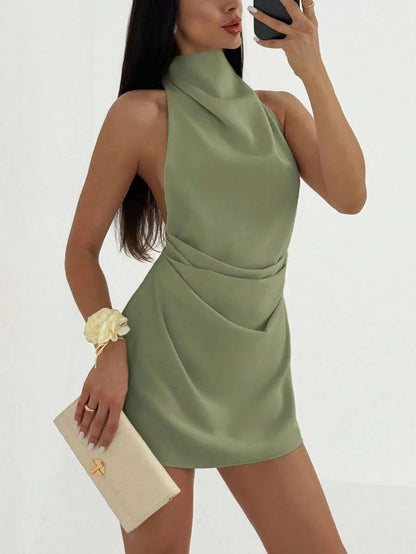 Satin Mini Dress Women High Neck Backless Sleeveless Wrap Short Dress Elegant Solid Color Cocktail Party Club Evening Outfit