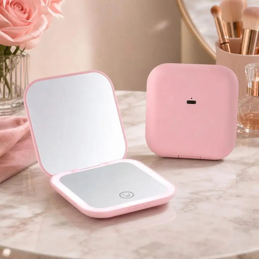 Rechargeable Handheld Mirror With 2X Magnification Portable Folding LED Makeup Mirror Pink Dual-Sided LED Lighted Makeup Mirror