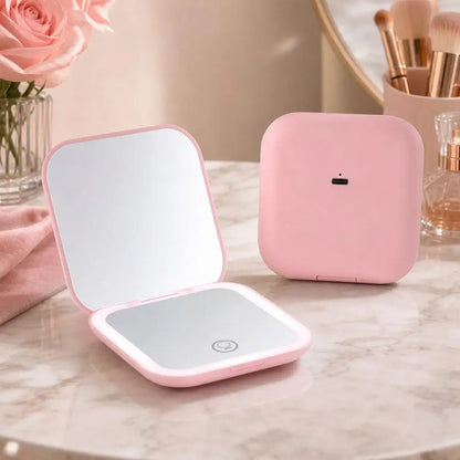 Rechargeable Handheld Mirror With 2X Magnification Portable Folding LED Makeup Mirror Pink Dual-Sided LED Lighted Makeup Mirror
