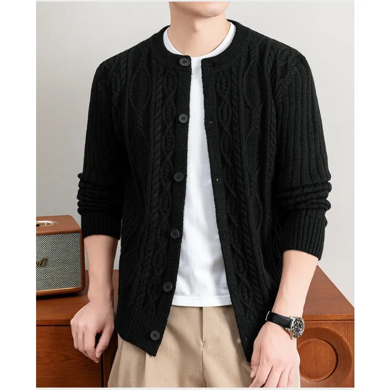 Men Cable Knit Cardigan Stand Collar Button Down Thick Warm Old Money Style Knit Coat For Autumn Winter