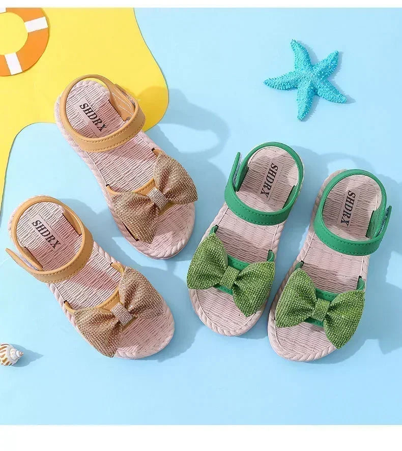 Kids Shoes Summer Sandals for Girls Bow Non-slip Soft Soled Versatile Solid Korean Children Sweet Princess Shoes Beach Sandals