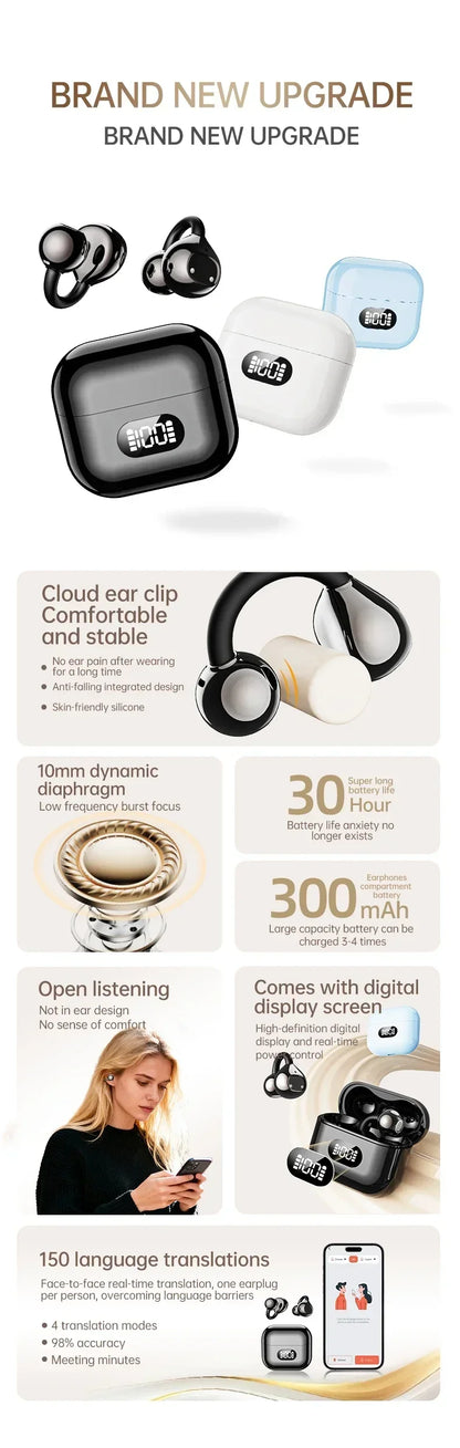 Portable Ear Clip Style Open Ear Earbuds Wireless Bluetooth Stereo Audio Clear HD Calls Touch ControlledHeadphones for Sports