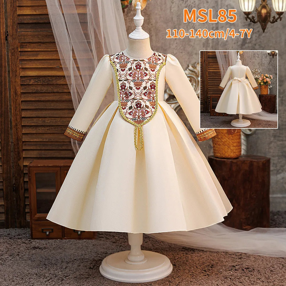 Kids Muslim Clothes Girls Long Sleeve Dressfashion Splice Print Robe Ramadan Party Dresses Dubai Morocco Gown for Birthday Gifts