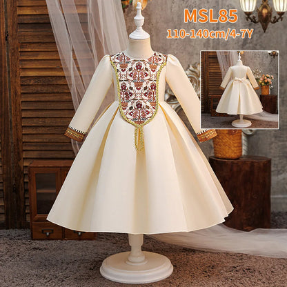 Kids Muslim Clothes Girls Long Sleeve Dressfashion Splice Print Robe Ramadan Party Dresses Dubai Morocco Gown for Birthday Gifts