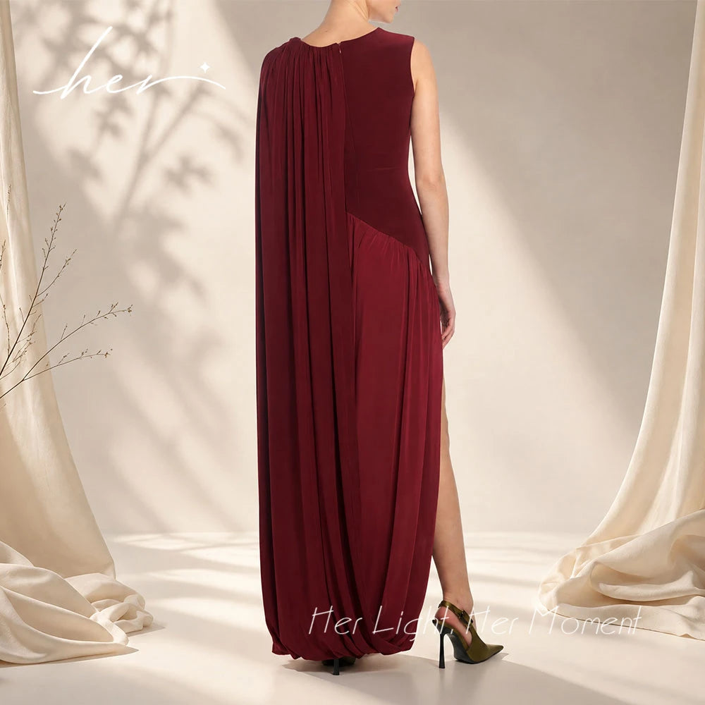 Burgundy Velvet Modest Evening Gown O-Neck Draped Cape Sleeve High Slit Floor Length Formal Party Dresses Wedding Guest Gown