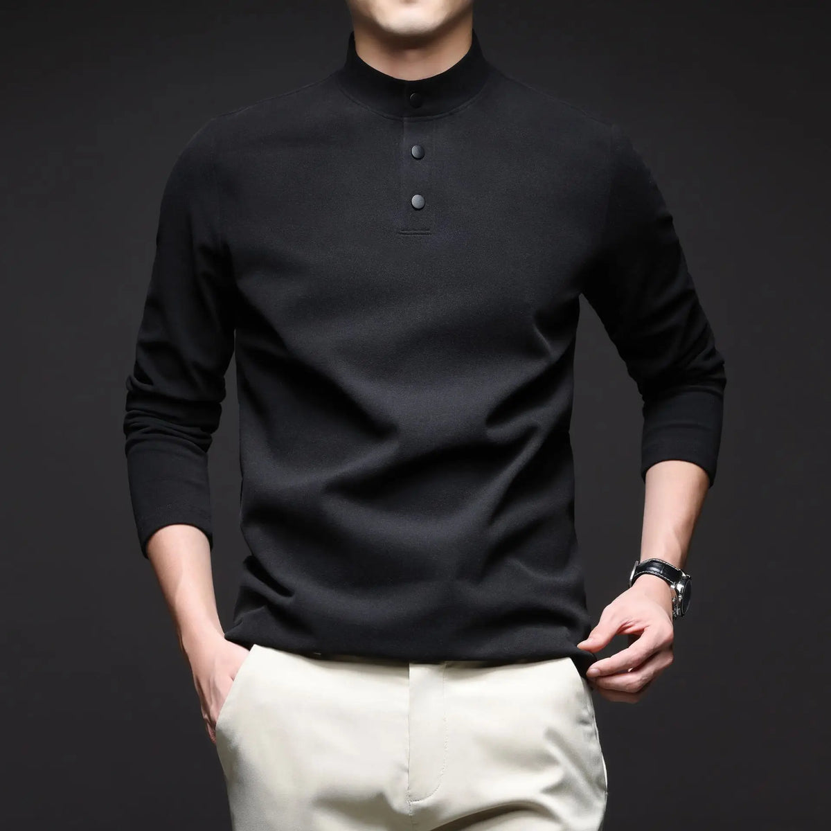 Men Mock Neck Henley Long Sleeve T Shirt Thick Warm Fleece Lined Casual Pullover Tops For Autumn Winter