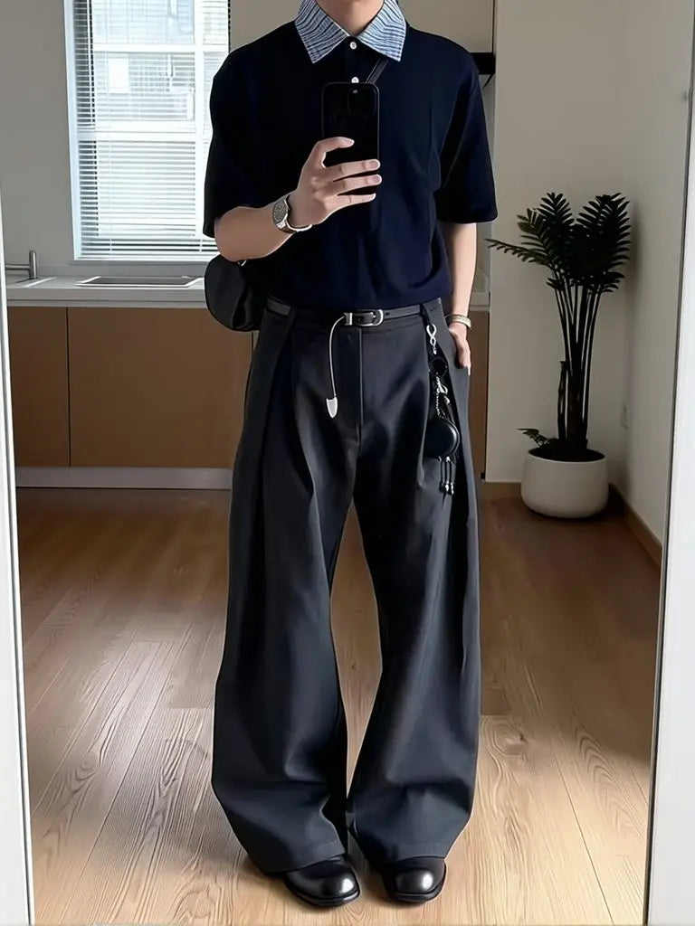 Spring Summer Pleated Wide Curved Trousers Men A-line Tailored Casual Suit Pants Streetwear Work wear Cleanfit Business