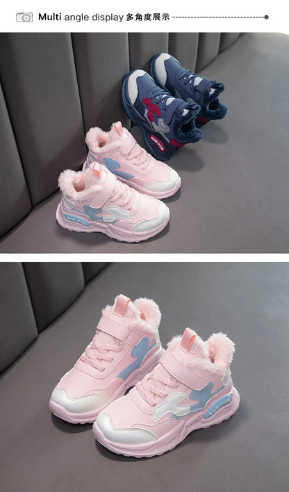 Children Winter Casual Shoes Warm Cotton Sneakers for Kids Fashion High-top Walking Shoe Boys Girls Plush Lining Winter Trainers