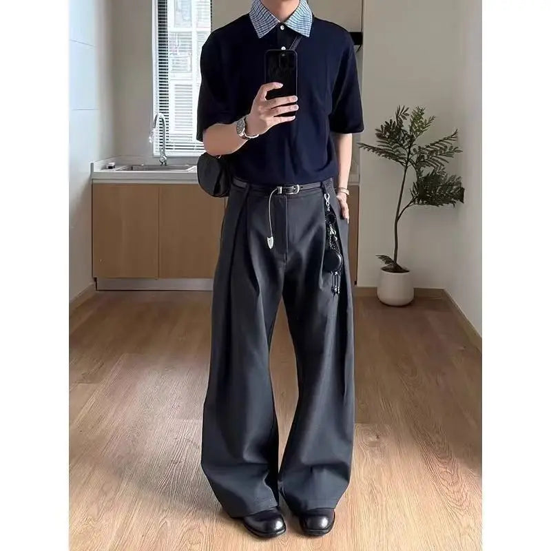 Spring Summer Pleated Wide Curved Trousers Men A-line Tailored Casual Suit Pants Streetwear Work wear Cleanfit Business