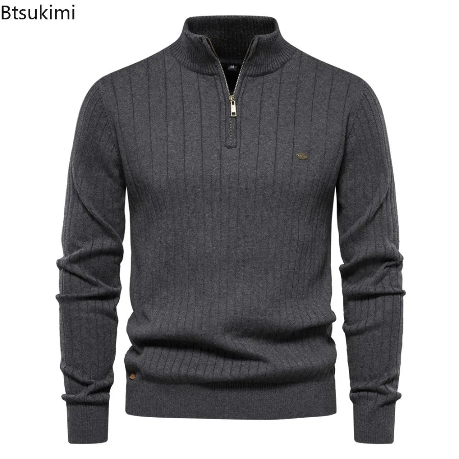 New Men's Half Zipper Pullover Sweaters High Quality Solid Knitted Sweater Tops Autumn Winter Stand Collar Warm Sweaters for Men
