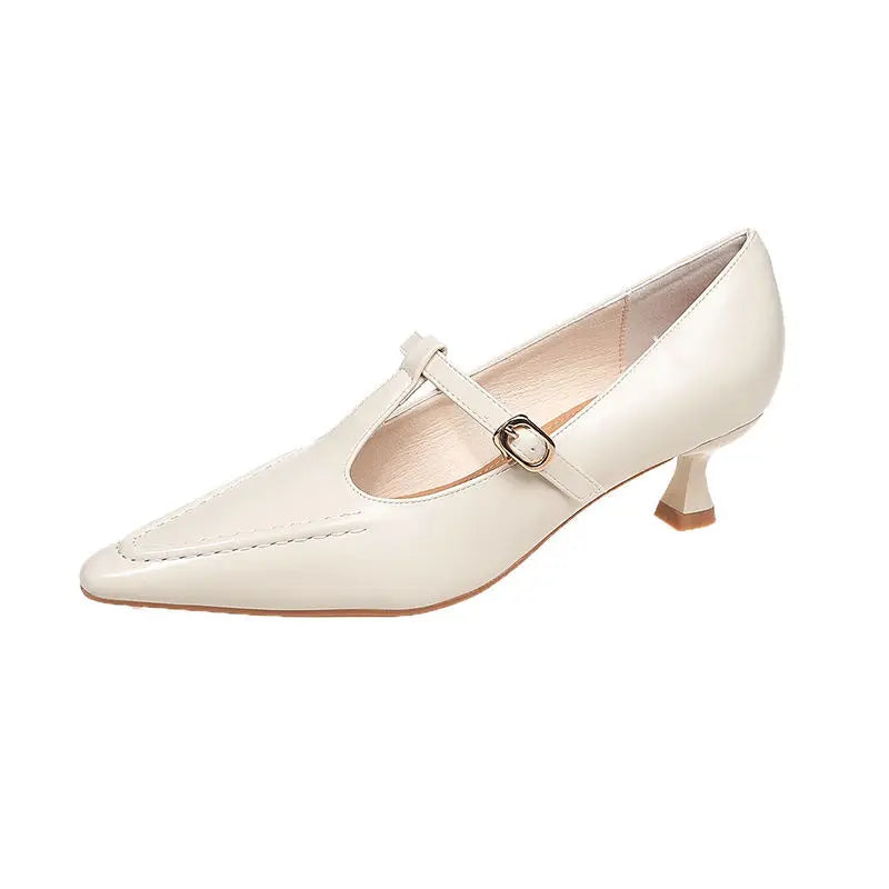 Women's Shoes Fashion Pointed Toe Buckle-heeled Single Shoes Retro Solid Color Medium Heels Casual Shallow Mouth Zapatos Mujer