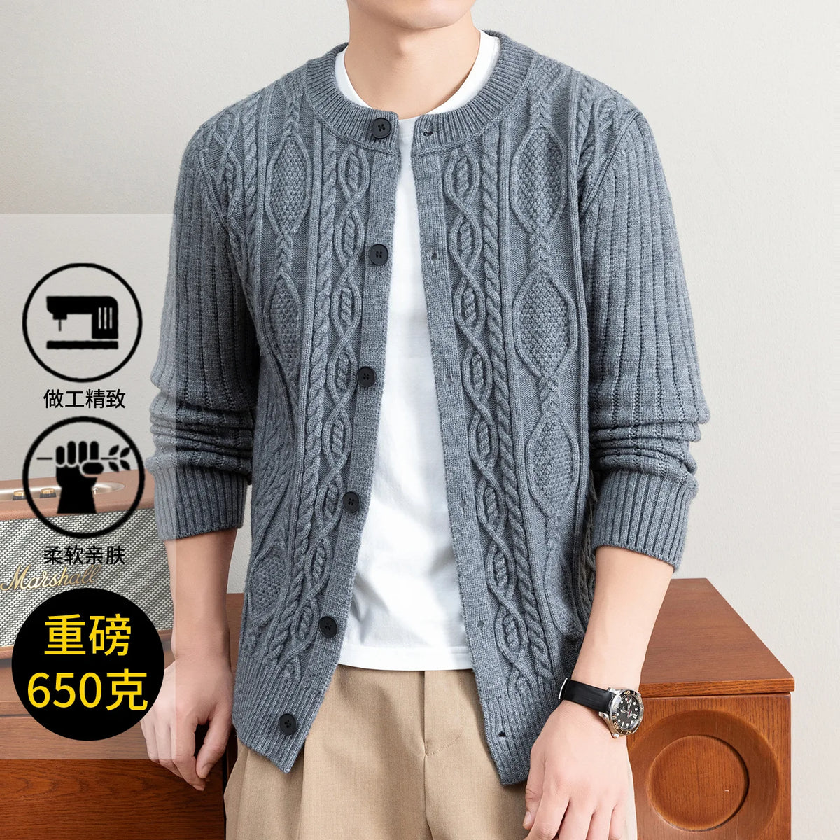 Men Cable Knit Cardigan Stand Collar Button Down Thick Warm Old Money Style Knit Coat For Autumn Winter