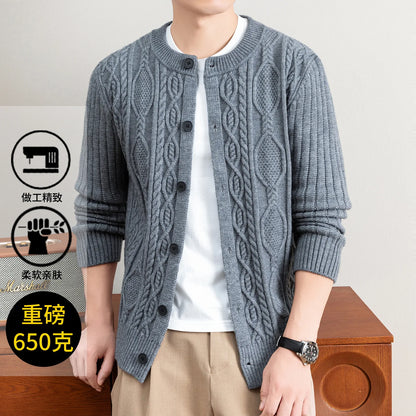 Men Cable Knit Cardigan Stand Collar Button Down Thick Warm Old Money Style Knit Coat For Autumn Winter