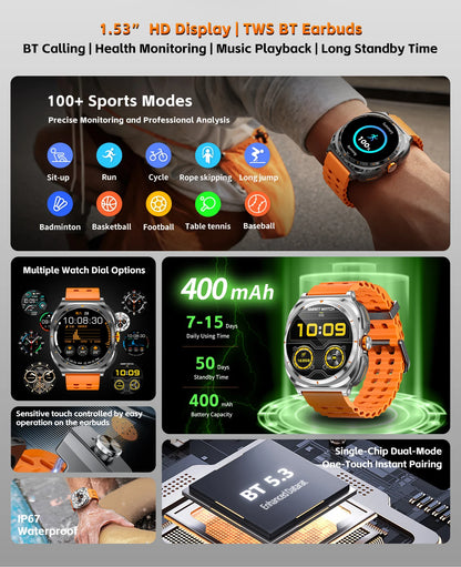 2026 New Watch Earphones 2-in-1 Smart Watch Health Monitoring Bluetooth Call 100+Sports Mode Outdoor Smart Watch Men and Women