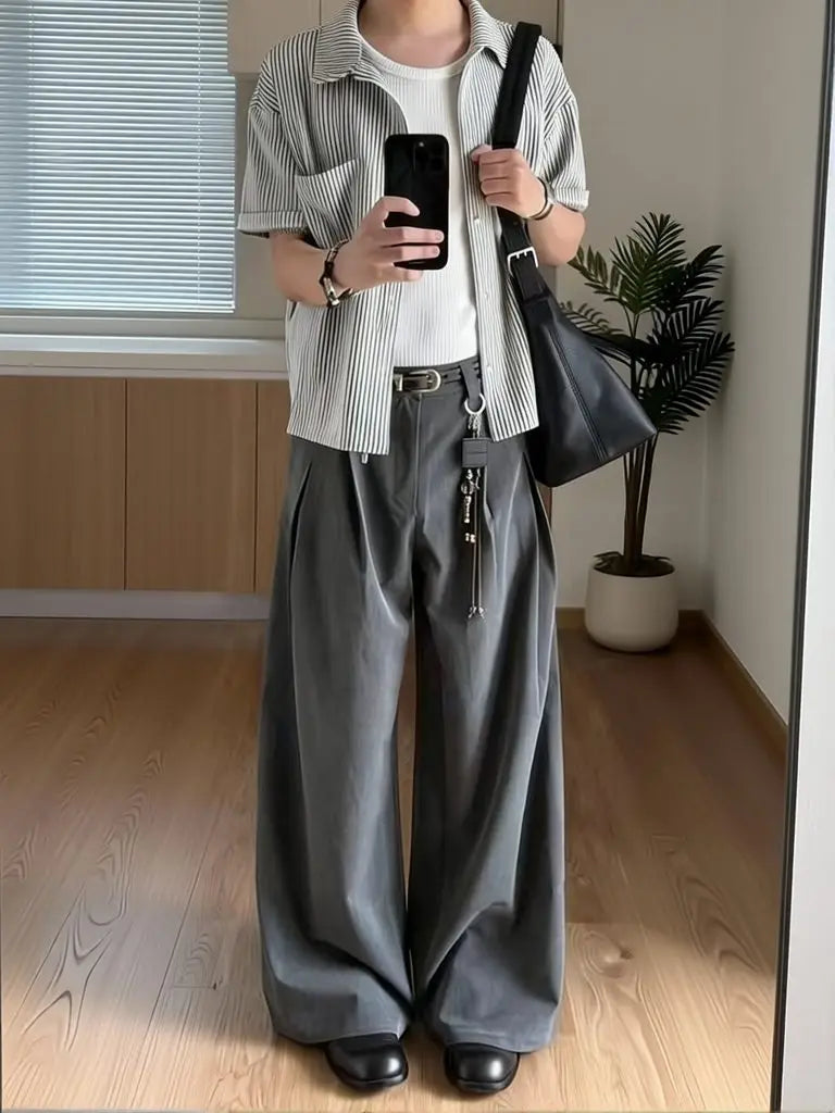 Spring Summer Pleated Wide Curved Trousers Men A-line Tailored Casual Suit Pants Streetwear Work wear Cleanfit Business