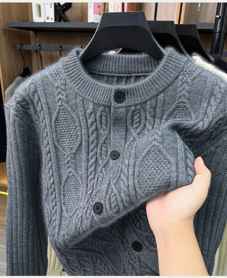 Men Cable Knit Cardigan Stand Collar Button Down Thick Warm Old Money Style Knit Coat For Autumn Winter