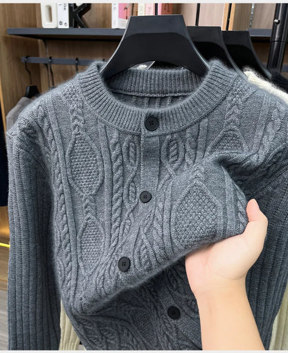 Men Cable Knit Cardigan Stand Collar Button Down Thick Warm Old Money Style Knit Coat For Autumn Winter