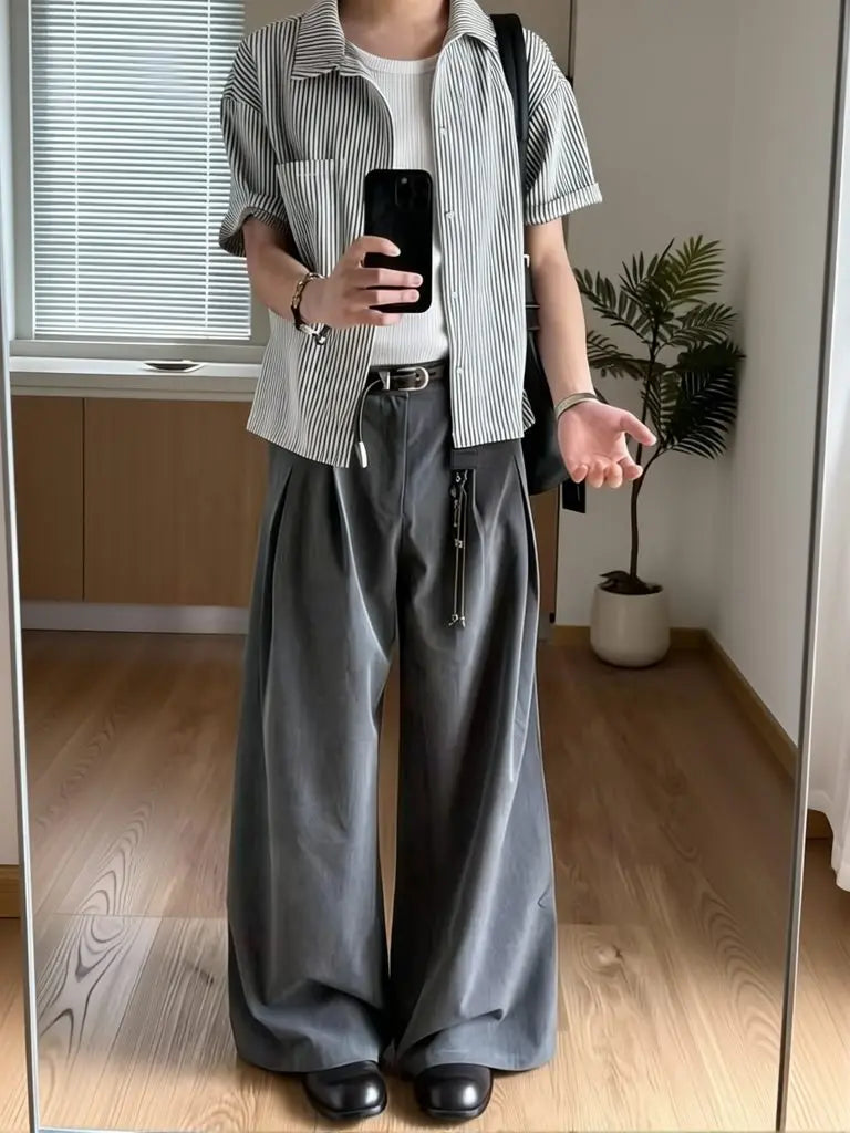 Spring Summer Pleated Wide Curved Trousers Men A-line Tailored Casual Suit Pants Streetwear Work wear Cleanfit Business