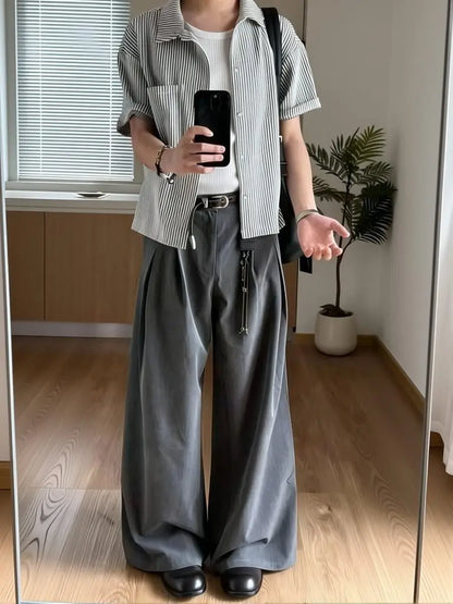 Spring Summer Pleated Wide Curved Trousers Men A-line Tailored Casual Suit Pants Streetwear Work wear Cleanfit Business