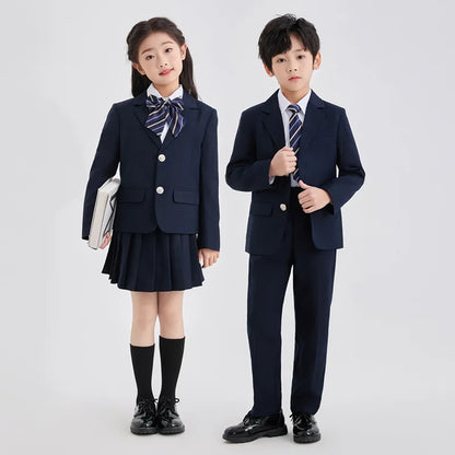 Children School Uniform Girls Jacket Pleated Skirts Suits Boys British Student Blazers Pants Kids Formal Dress Class Clothes Set