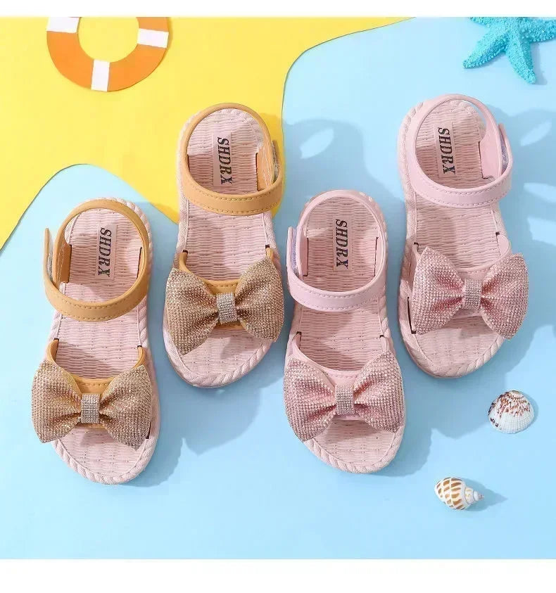 Kids Shoes Summer Sandals for Girls Bow Non-slip Soft Soled Versatile Solid Korean Children Sweet Princess Shoes Beach Sandals