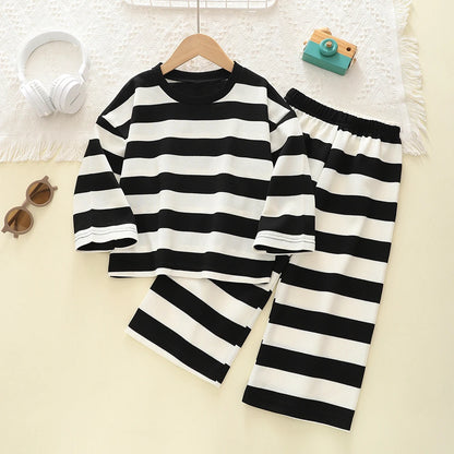 Kids Clothes Girls Autumn Korean-style Black And White Wide-striped T-shirt+Pants sets Children&