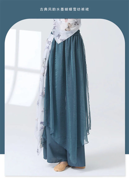 Women 2 Layers Dance Trousers Gauze Print Chiffon Culottes Flowy Skirt Pant Loose Wide Leg Modern Hanfu Elegant Practice Clothes
