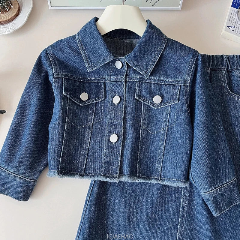 Teen Girl Clothes Little Baby 2 Piece Clothing DenimPiece Sets Fashion Children Autumn Outfits Kids Jacket and Long Skirts Two