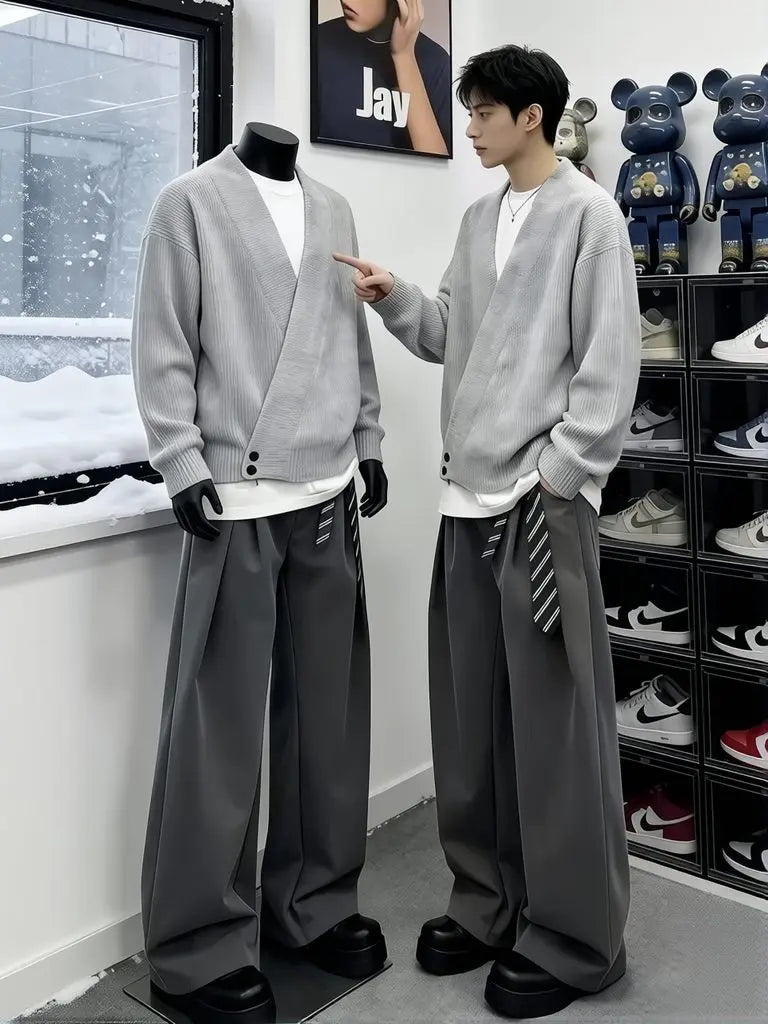 Spring Summer Pleated Wide Curved Trousers Men A-line Tailored Casual Suit Pants Streetwear Work wear Cleanfit Business