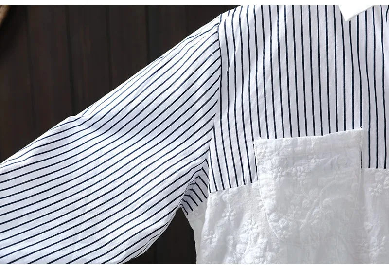 Fall Clothes 2026 Women Cotton Lace Striped Patchwork Shirts Long Sleeve Blouses for Lady Tops Office Wear Women Fashion Blouses