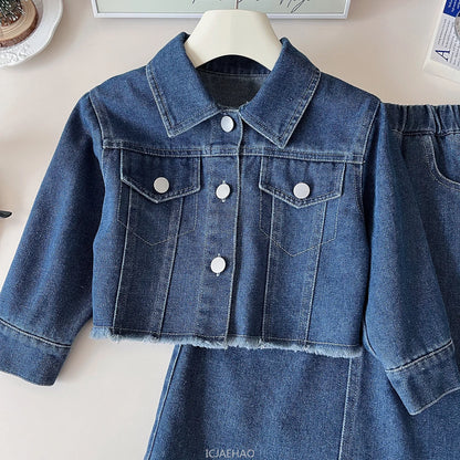 Teen Girl Clothes Little Baby 2 Piece Clothing DenimPiece Sets Fashion Children Autumn Outfits Kids Jacket and Long Skirts Two