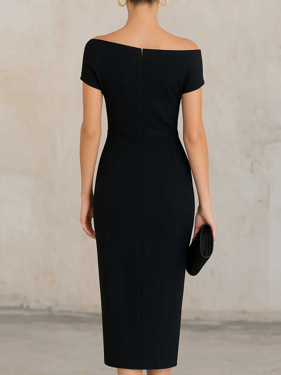 Women's Off Shoulder Ruched Bodycon Midi Dress for Cocktail Party and Formal Events
