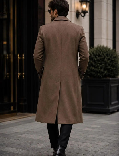 Mens Brown Wool Look Long Overcoat Tailored Mid Calf Winter Tailcoat Notched Lapels Double Breasted Formal Only Coat Customized