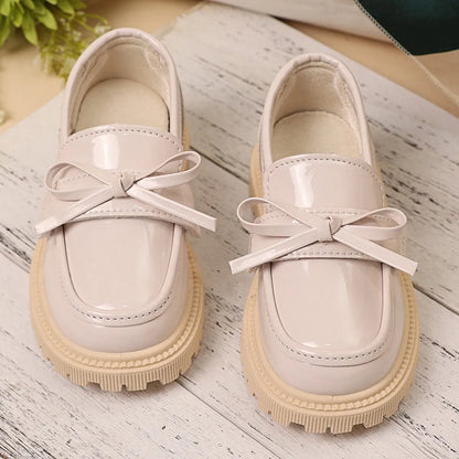 Kids Uniform Shoes Black Glossy for School Girls Performance Shoes Simple Bows 2025 Spring Autumn Children Flat Shoes Round Toes