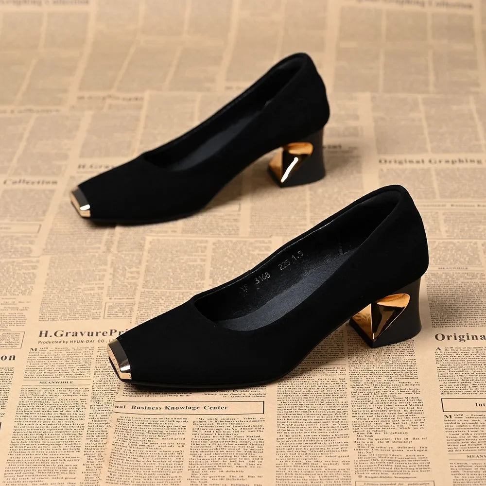 zapatos de mujer women fashion black suede round toe comfort spring &amp; summer square heel shoes for office work lady pumps a535