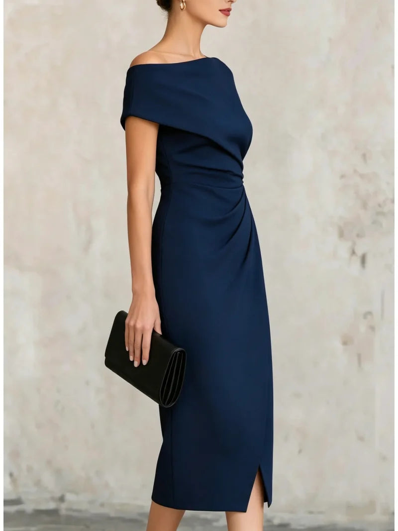 Women's Off Shoulder Ruched Bodycon Midi Dress for Cocktail Party and Formal Events