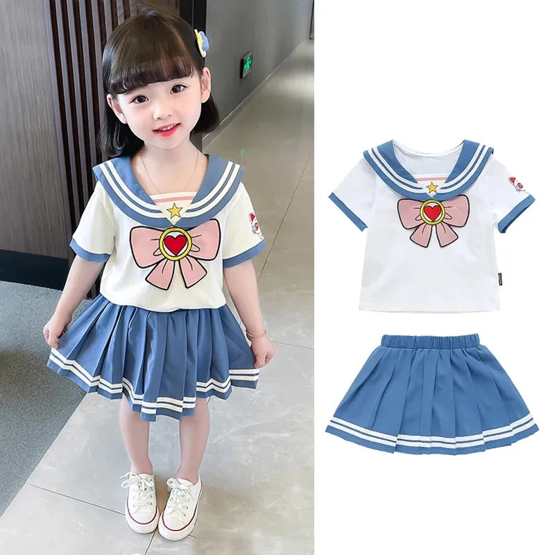 Kids Girls Clothes Sets Cartoon Bow T-Shirts Tops Pleated Skirts Suits Sailor Moon Cosplay Party Custume Children Clothes Sets