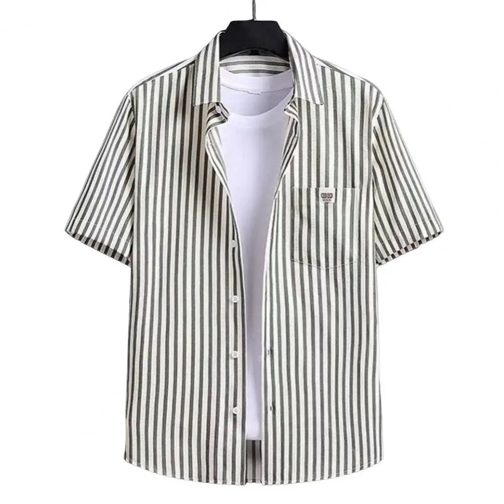 Men Striped Shirt Short Sleeve With Patch Pocket Lapel Loose Fit Summer Casual Button Down Tops