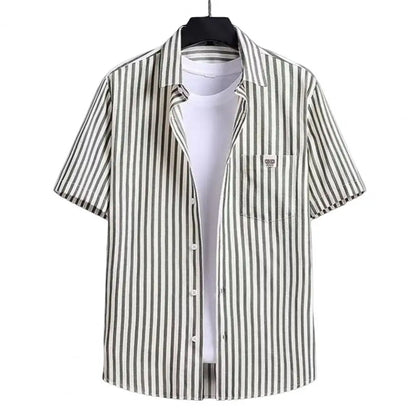 Men Striped Shirt Short Sleeve With Patch Pocket Lapel Loose Fit Summer Casual Button Down Tops