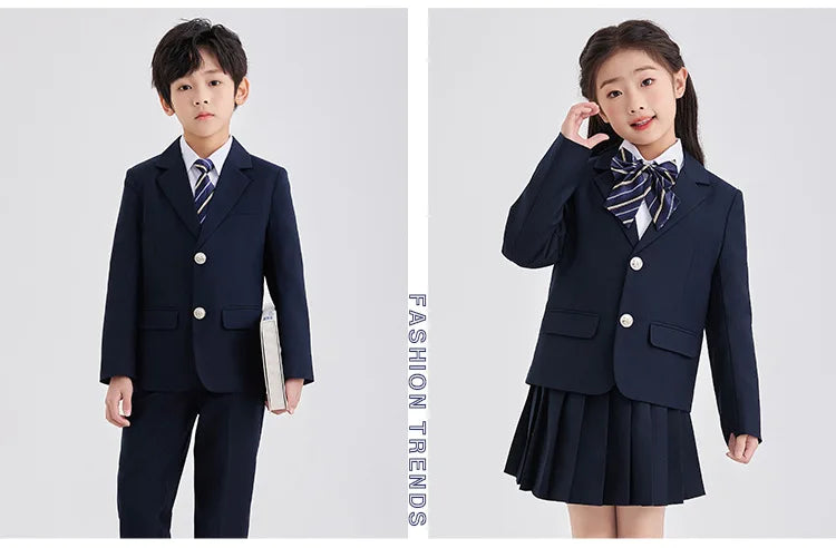 Children School Uniform Girls Jacket Pleated Skirts Suits Boys British Student Blazers Pants Kids Formal Dress Class Clothes Set