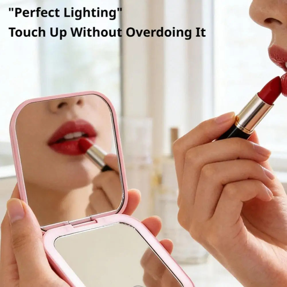 Rechargeable Handheld Mirror With 2X Magnification Portable Folding LED Makeup Mirror Pink Dual-Sided LED Lighted Makeup Mirror