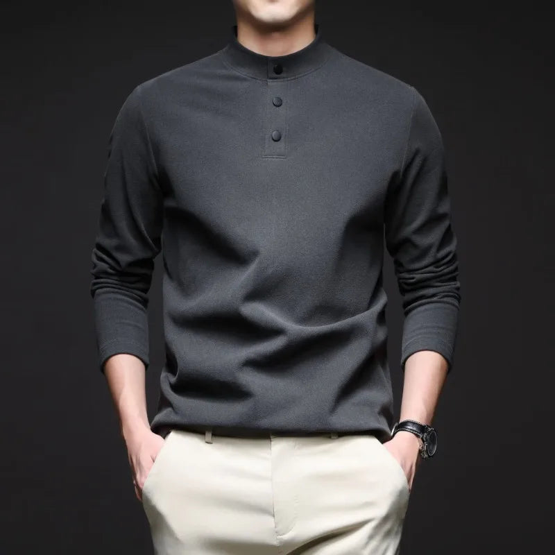 Men Mock Neck Henley Long Sleeve T Shirt Thick Warm Fleece Lined Casual Pullover Tops For Autumn Winter