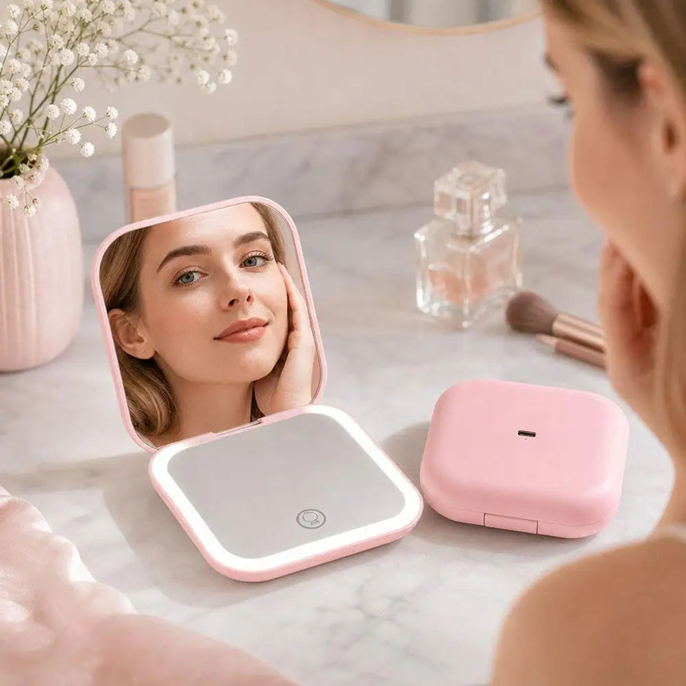 Rechargeable Handheld Mirror With 2X Magnification Portable Folding LED Makeup Mirror Pink Dual-Sided LED Lighted Makeup Mirror