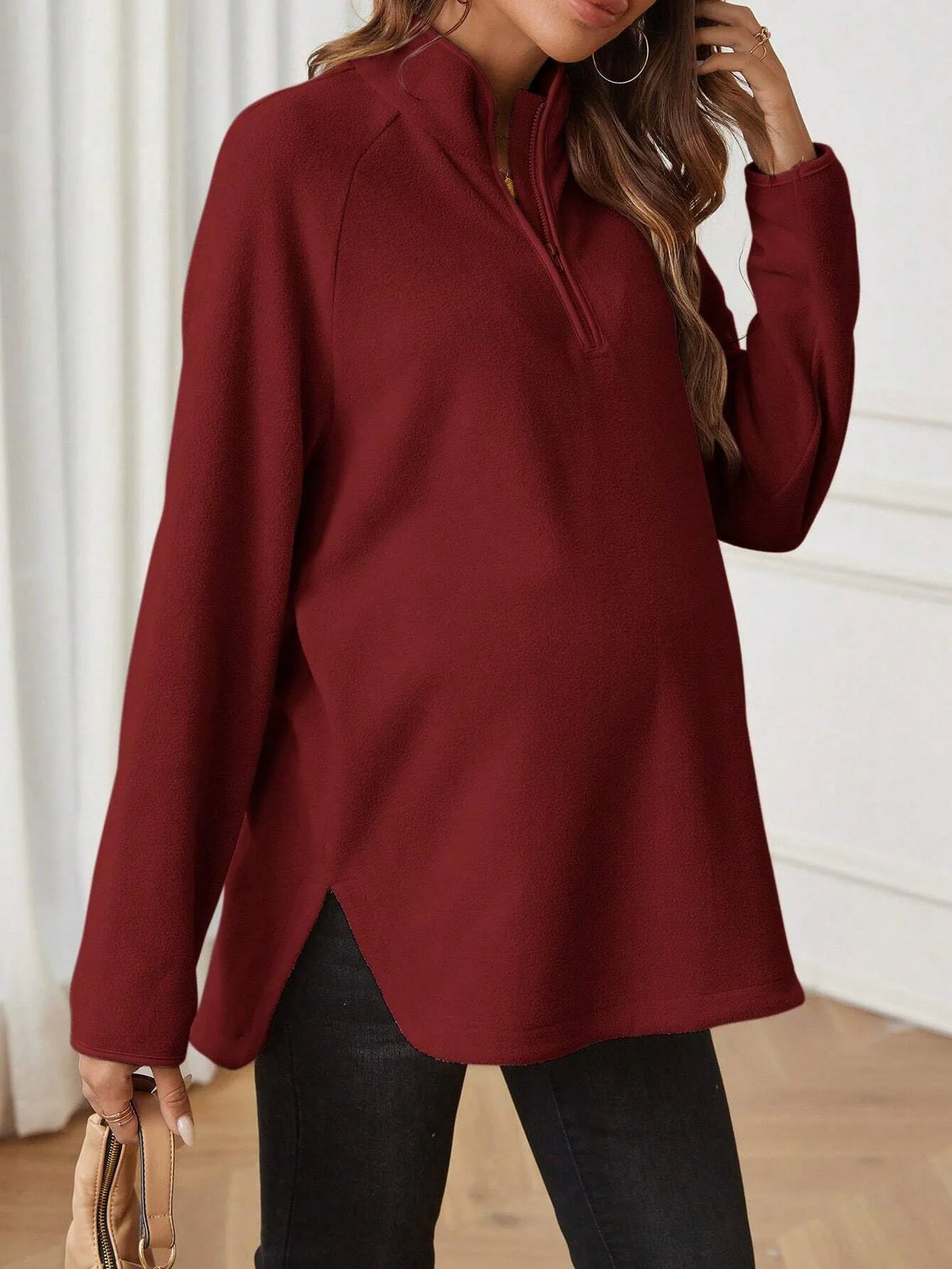 Maternity Clothes for Women Autumn Winter Pregnant Dresses Photoshoot Clothing Fashion Plain Zipper Loose Long-sleeved T-shirt