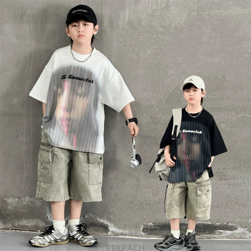 Korean Children Fashion Summer Clothes for Boy Streetwear Outfit Suit T-shirt Shorts Clothing Set Kids Street Top And Bottom Set