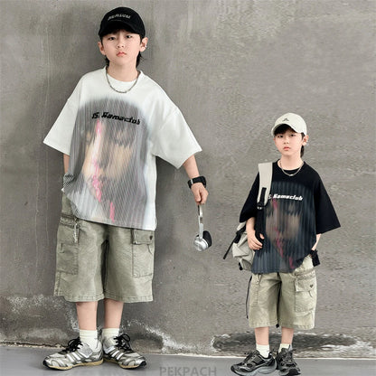 Korean Children Fashion Summer Clothes for Boy Streetwear Outfit Suit T-shirt Shorts Clothing Set Kids Street Top And Bottom Set